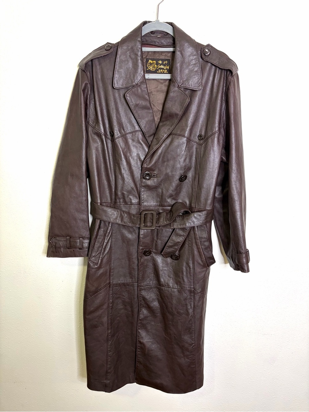 Vintage 70s Brown Leather Trench Coat women’s chocolate L XL belted long - Picture 12 of 15